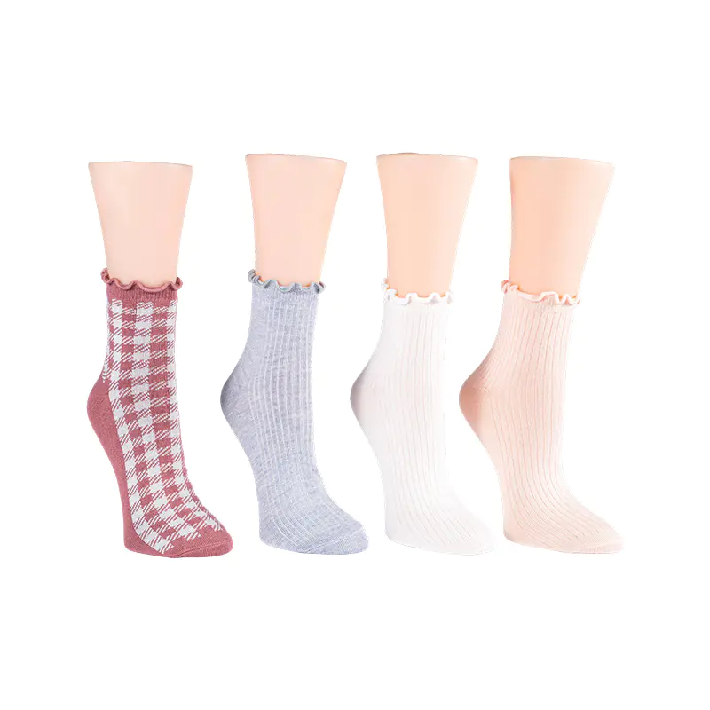 골지 자수 꽃/ 깅엄상추 웰트 발목릿 4ppk 양말